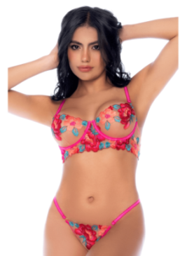 Ensemble 2 pièces résille brodée rose et bleue, soutien gorge et string - MAL8927SEGA